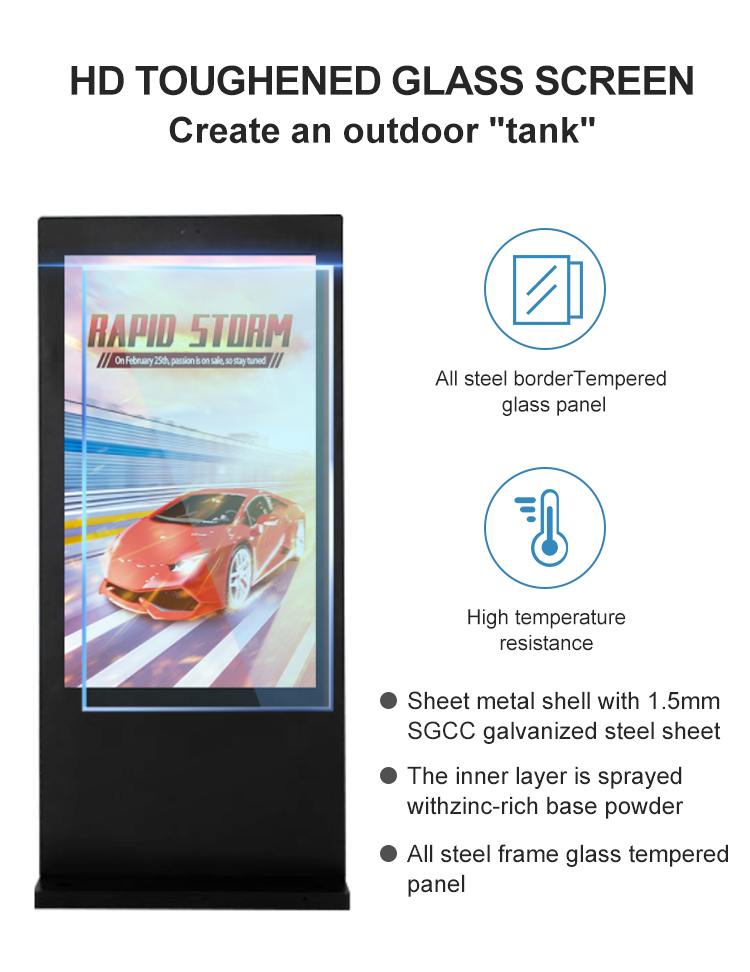 Factory hot sale 86 Inch Large screen4K high brightness Ip 65waterproof Advertising TV Display , 3000 Nits Outdoor Digital Kiosk