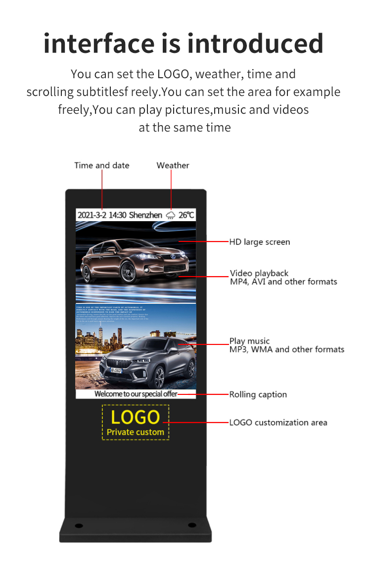 65 Inch Outdoor floor stading Digital Signage For Supermarket Advertising USB Wifi Network