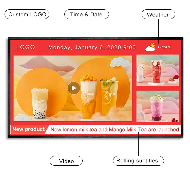 43 Inch Android TV Display Android Media Player Wall Mounted Digital Signage 500cd/M2 Brightness For Cinemas Resorts